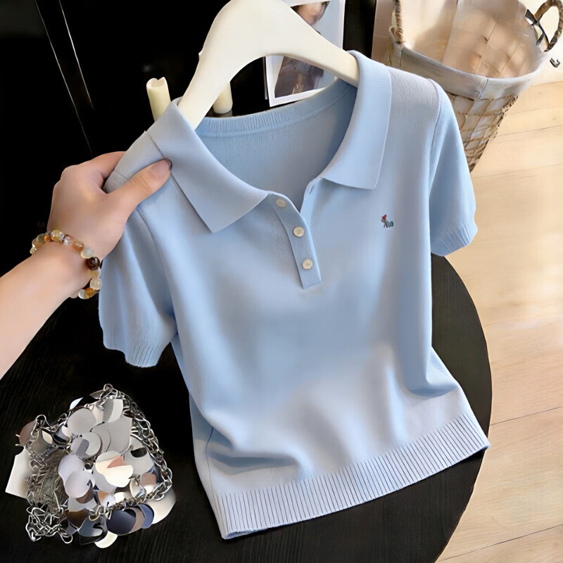 2026夏季新款短袖t恤女薄款修身显瘦polo领上衣打底衫 浅蓝色 L 建议100-110斤