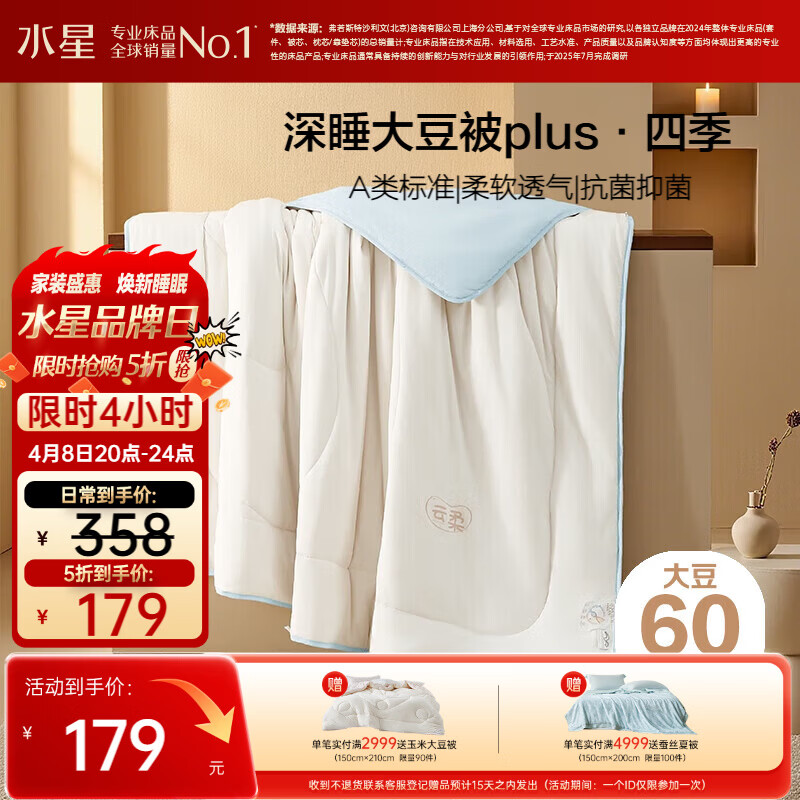 水星家纺被子大豆被60%大豆纤维被春秋被双人空调被芯200x230cm约5.1斤