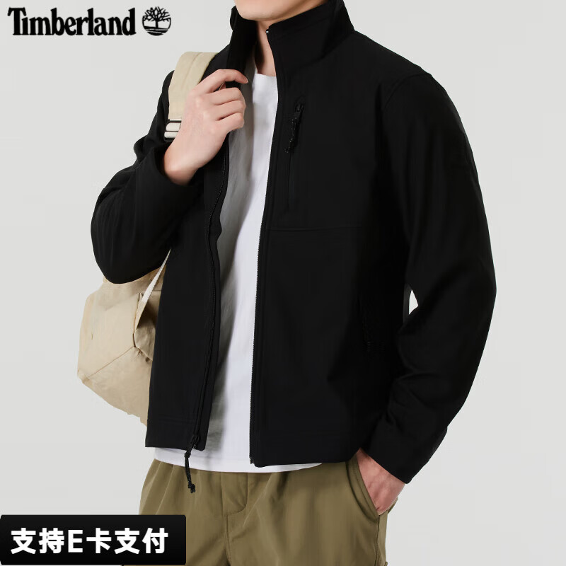Timberland添柏岚外套男春秋款户外运动冲锋上衣防风加绒保暖软壳夹克 黑色/防泼水/修身 L 180