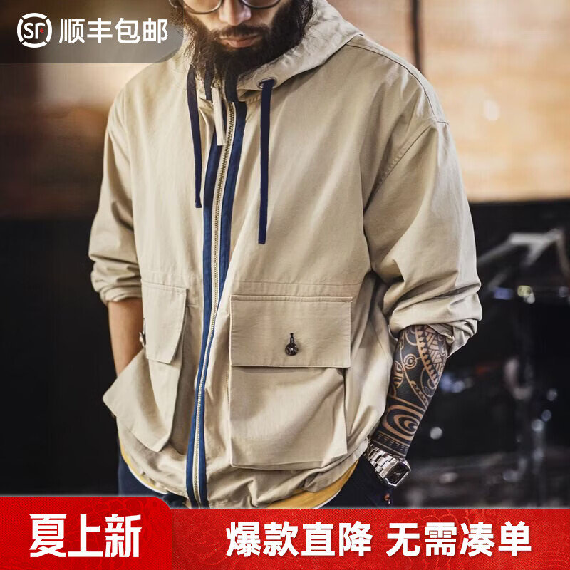 马登工装美式复古多口袋休闲夹克纯棉帆布连帽甲板服户外薄款外套男春 卡其灰 【宽松偏大/男士猎装夹克/衣服男装上衣】 M