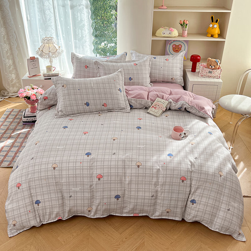 羽匠春季少女小清新印花四件套学生宿舍套件家用床单柔软四件套 蘑菇格 灰 床单款 床四件套(被套200*230cm)