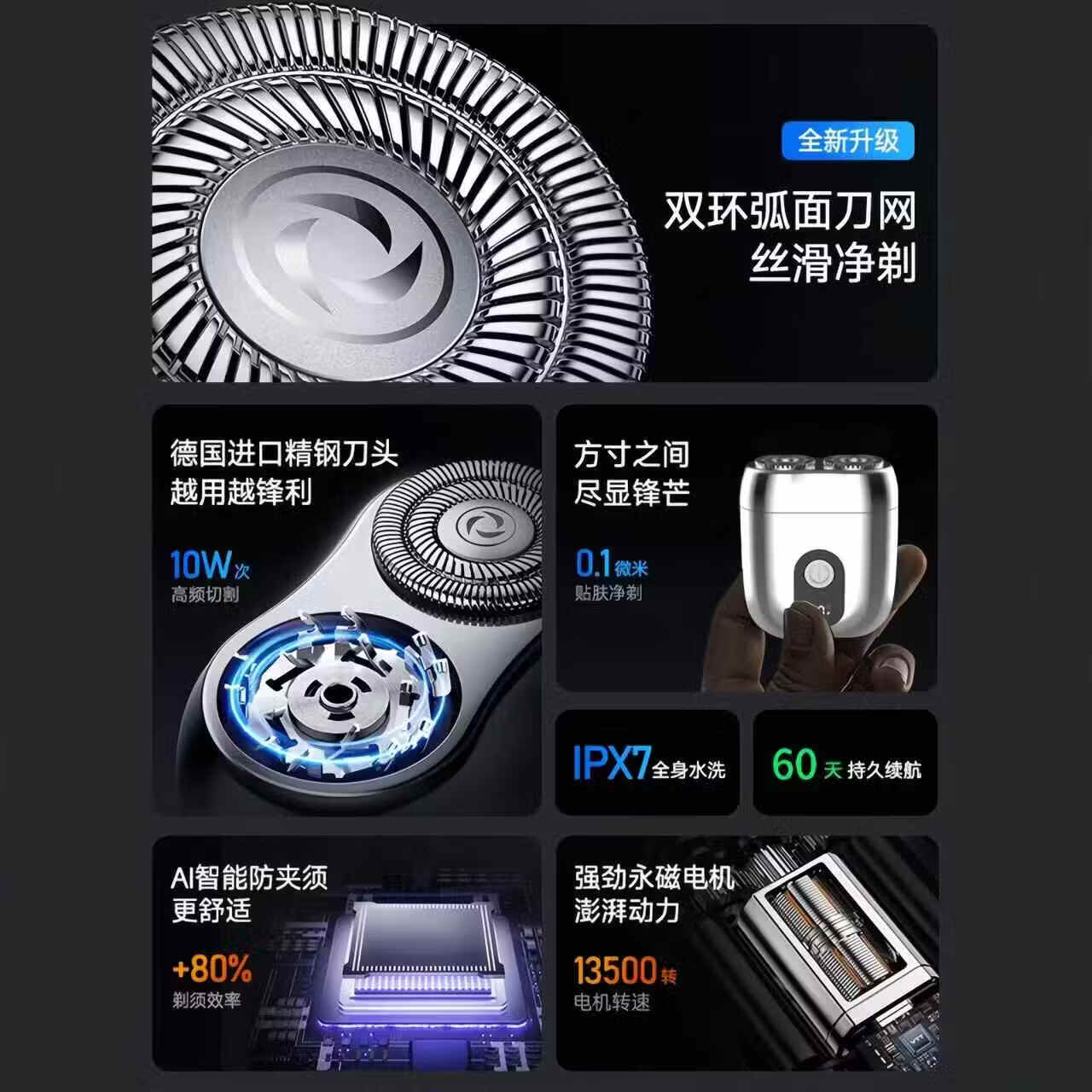 GROOUZ德国品牌2026新款剃须刀男士电动刮胡刀胡须刀全身水洗迷你旅行便携送男友父亲520情人节生日礼物 耀石黑【NEW FLAGSHIP MODEL】