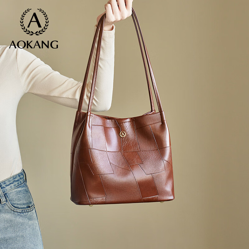 奥康（Aokang）包包女包手提包新款复古托特包印花斜挎单肩包生日礼物高级感实用 艺术拼贴咖啡色-BG703175