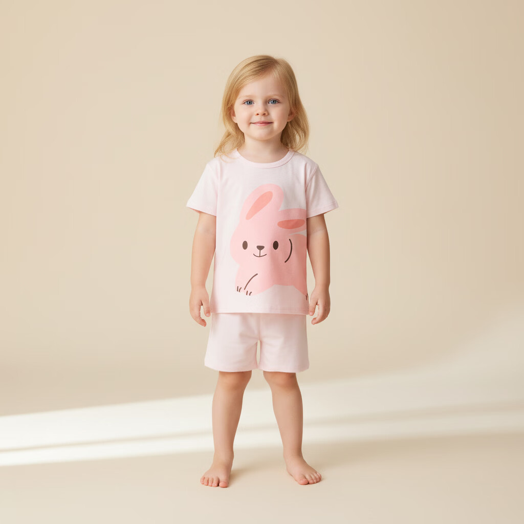 小猪大卫 PECODAVID儿童七分套夏季纯棉A类男女宝宝居家服薄款短袖短裤套装 乖粉兔 短袖套（95%棉） 90