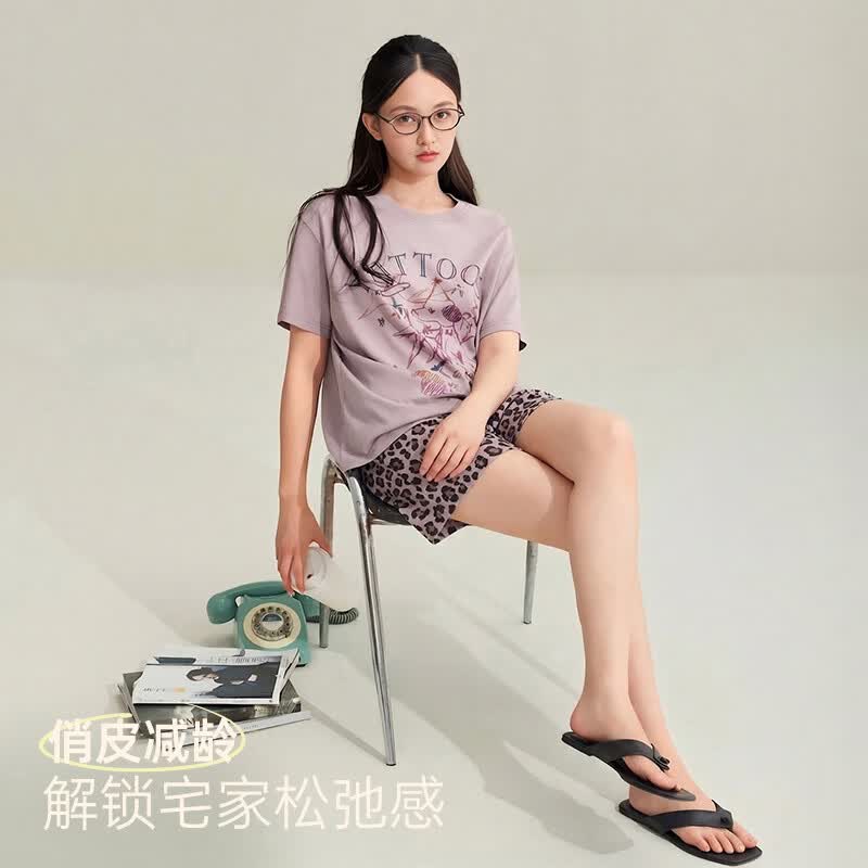 安之伴【巨凉感舒适】睡衣女夏季2026新款短袖短裤时尚豹纹套家居服 茄花紫【超凉爽-巨舒适】 L