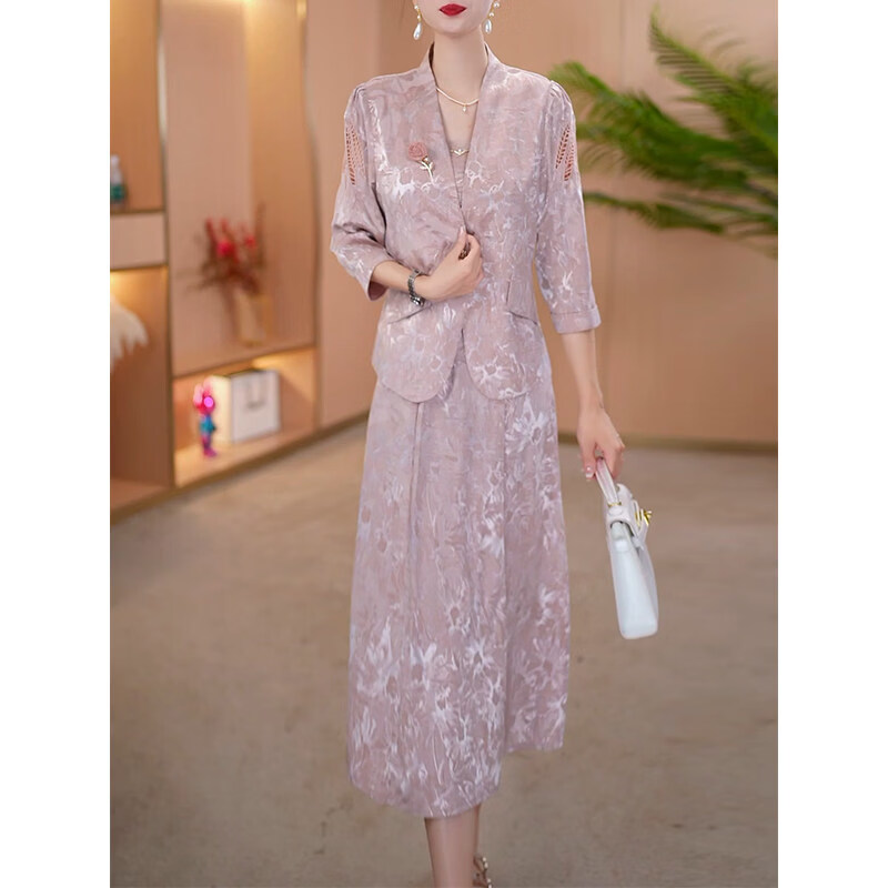 香影芬高端爆款七分袖两件套连衣裙女2026年春秋新款气质妈妈背心裙套装 图片色 M (建议85-100斤)