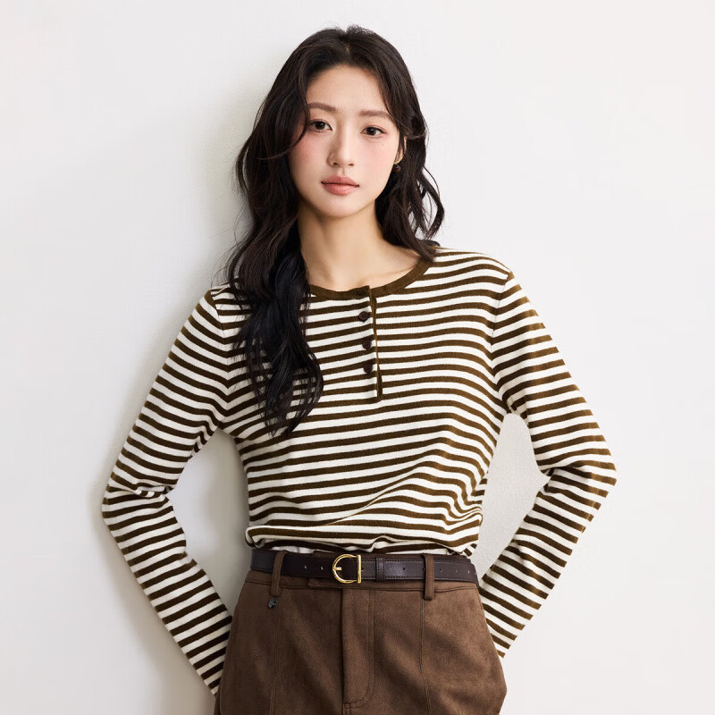 茵曼（INMAN）复古撞色条纹针织衫女2026春季百搭修身显瘦套头内搭打底上衣 米咖条 M