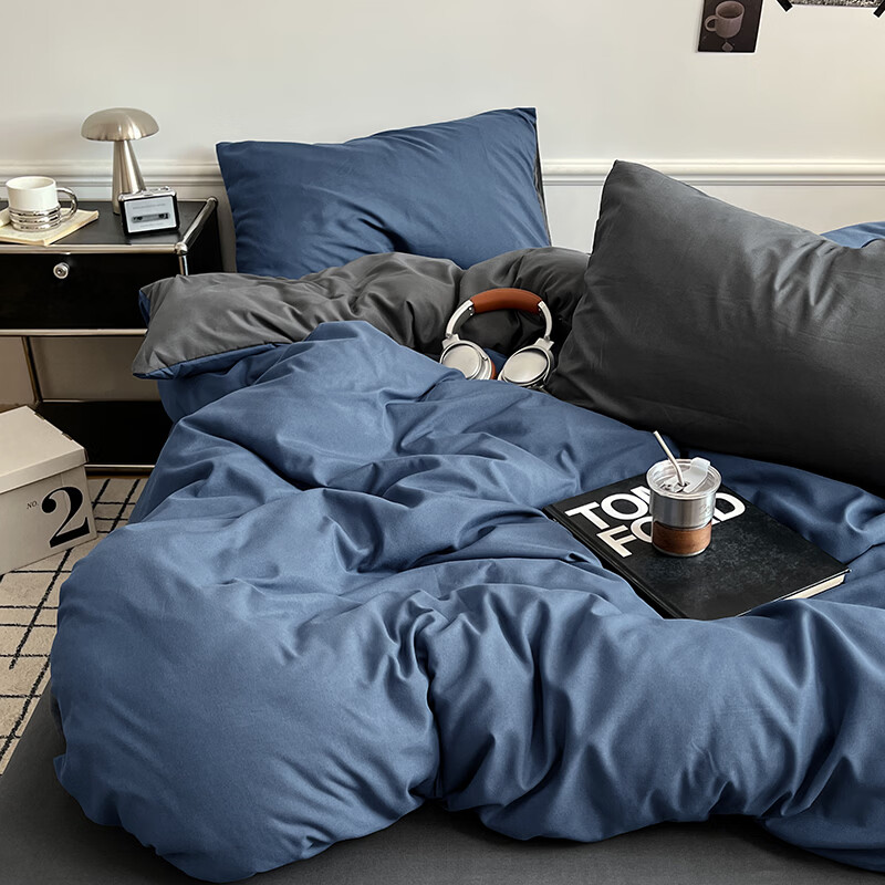 雅鹿ins简约水洗棉被套床单被罩学生宿舍三件套150x200双人纯色四件套 深蓝灰【10A抗菌 可裸睡】 2.0床单四件套 床单款 （被套200*230cm）