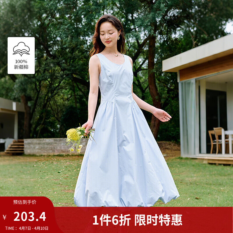 茵曼欧若风花苞无袖连衣裙2025夏季女装新款宽松收腰a字背心裙 迷雾蓝 S