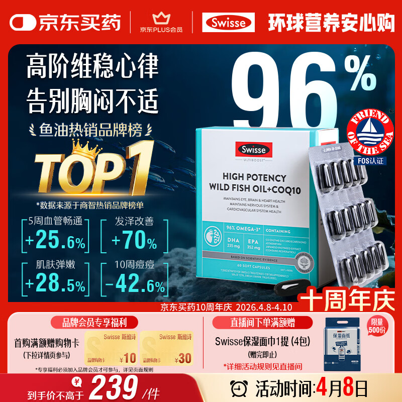 Swisse斯维诗 96%高纯度深海鱼油辅酶Q10软胶囊 黑绷带鱼油60粒熬夜常备