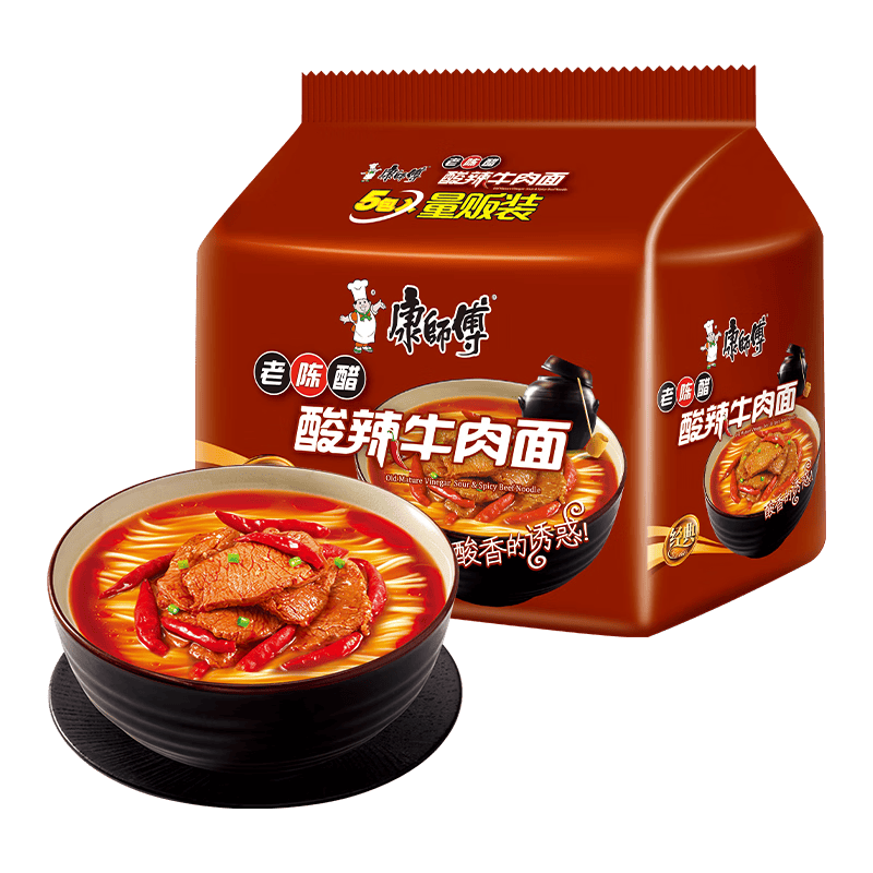 康师傅 方便面 经典老陈醋酸辣牛肉面五连包110g*5 泡面袋装 方便食品
