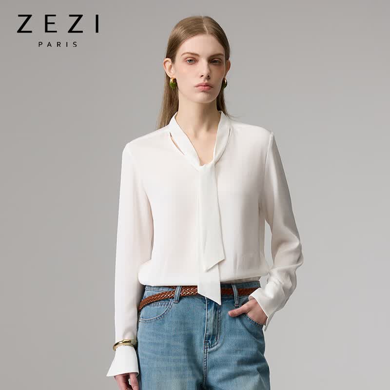 ZEZI法式醋酸V领衬衫暗门襟长袖女士飘带衬衣通勤职业上衣2026年新 冰川白 飘带衬衫 L （115-125斤）