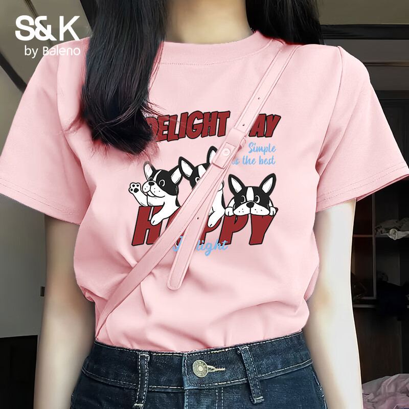 班尼路（Baleno）S&K100%纯棉短袖T恤女2026年夏季女装新款时尚休闲简约复古上衣 粉#红字小狗 L