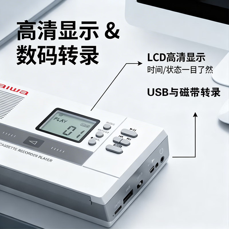 aiwa26新款爱华便携式磁带播放机英语学习机复古怀旧80年代卡带录音机蓝牙音箱U盘一体机可充电walkman 白色岁月版【蓝牙双通+磁带U盘互录+U盘播放】 标配+32G准备精选音乐优盘