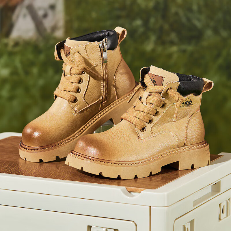 Lee童鞋秋冬季儿童马丁靴男童短靴保暖大黄靴女童靴子 卡其色 28 【建议脚长173-178mm】