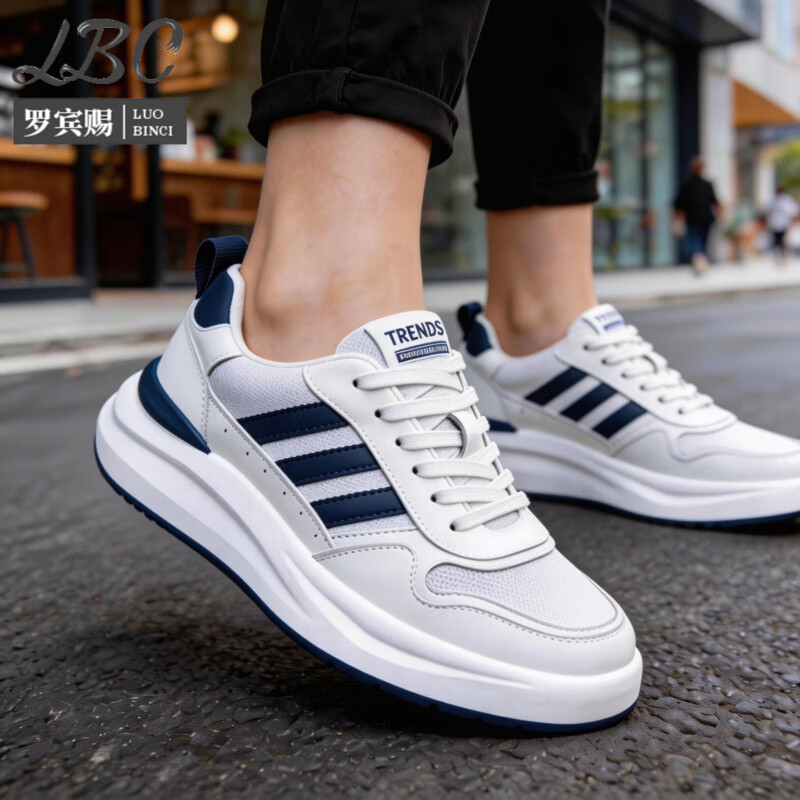 罗宾赐品牌轻奢男鞋2026新款真皮网面透气潮流休闲鞋男士百搭运动鞋子男 白蓝【网面透气】-高端男鞋 39