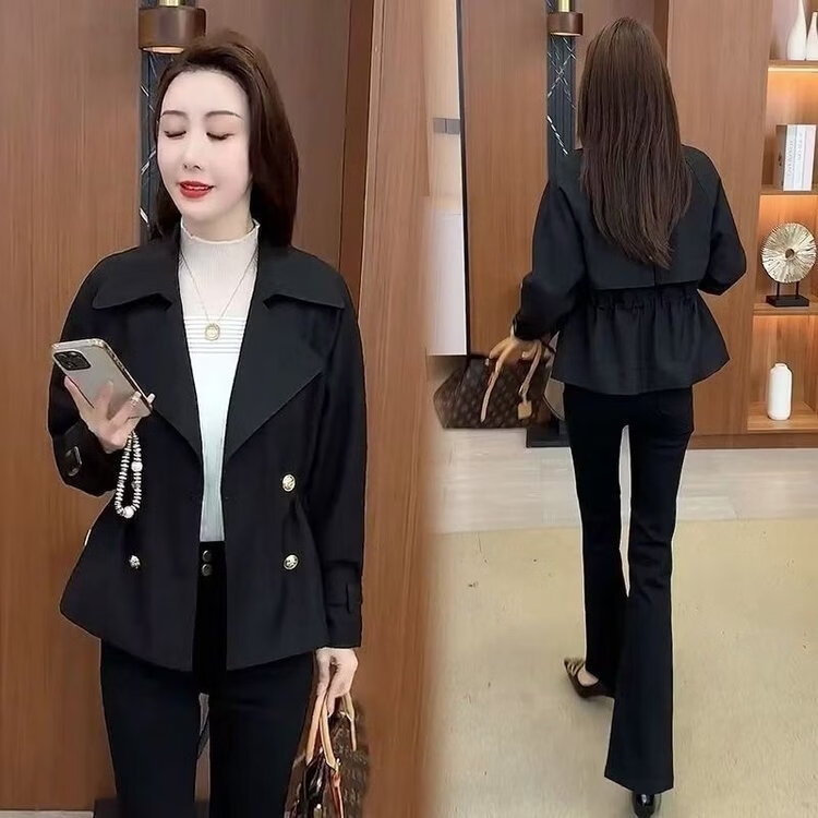短款风衣外套女春秋2026今年流行新款小个子收腰显瘦时尚休闲上衣 黑色 XL 105-120斤