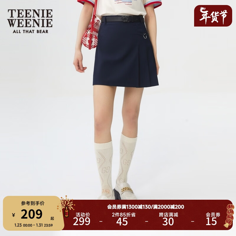 Teenie Weenie小熊秋冬女短裙半身裙百褶高腰学院风裙 藏青色 155/XS
