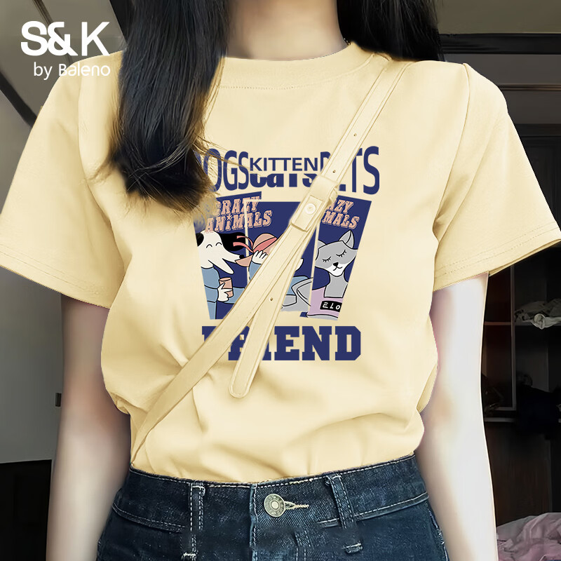 班尼路（Baleno）S&K100%纯棉短袖T恤女2026年夏季女装新款潮流时尚休闲百搭上衣 鹅黄#Z旅游动物 S