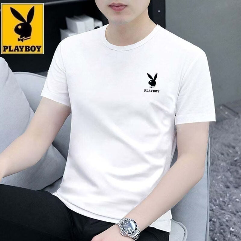 花花公子（PLAYBOY）新款男士短袖夏季印花时尚潮流T恤圆领修身上衣 白色+白色【两件装】 M 建议80-100斤