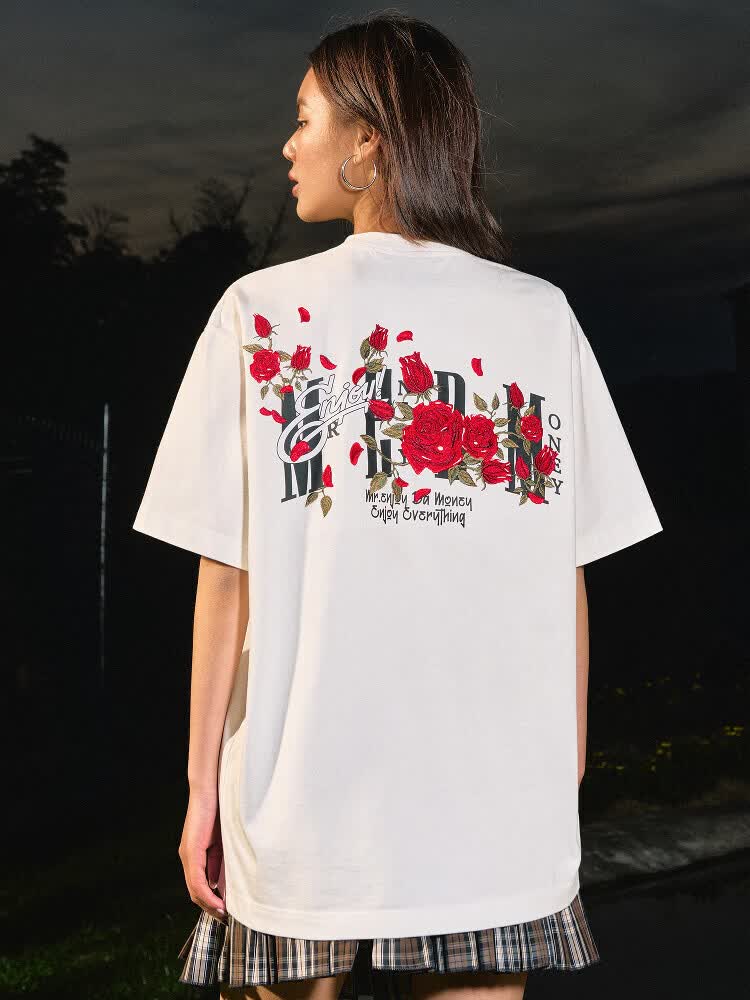 MEDM25SS玫瑰刺绣t恤女夏季美式设计感休闲纯棉短袖男潮牌情侣款上衣 灰兰花 (现货) XL 【建议150-170斤】
