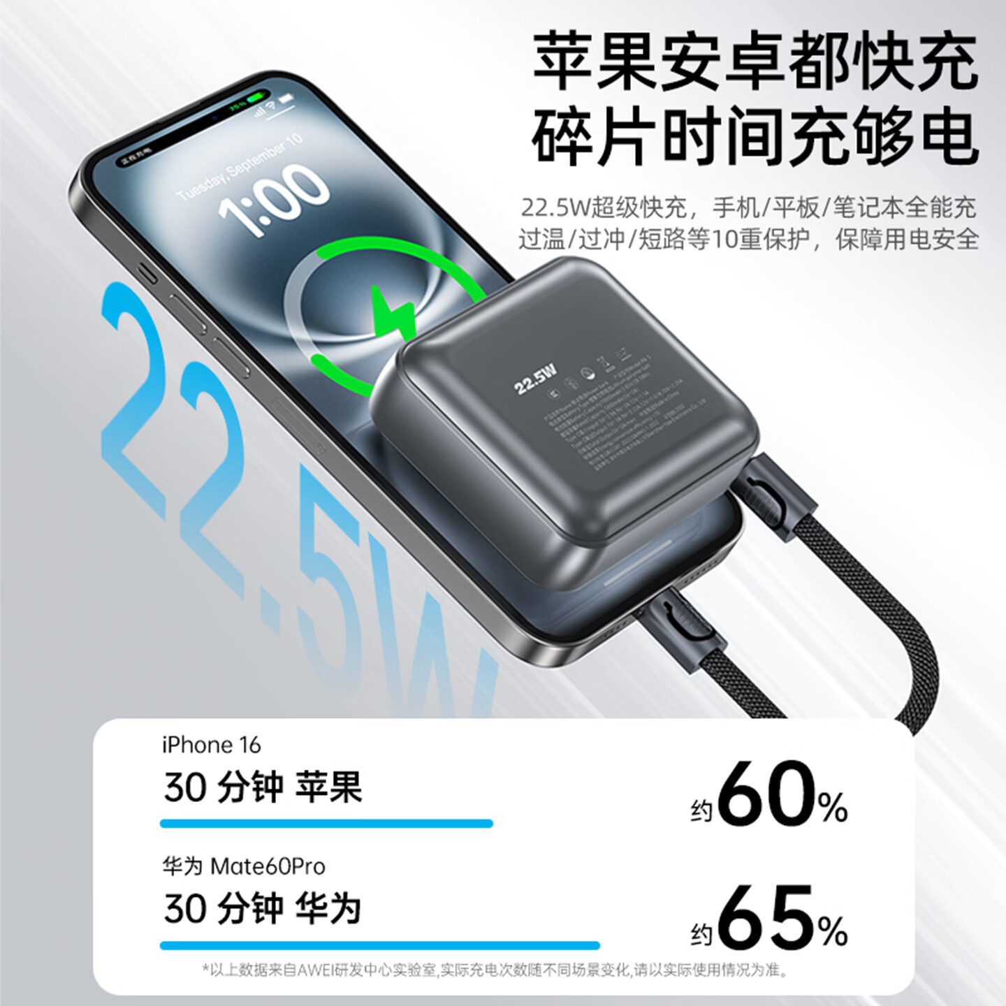 用维（AWEI）26年新款【3C认证｜可上飞机】20000毫安自带线充电宝铝合金2W大容量22w快充移动电源小巧便携 钛银【顶配20000毫安】C-C挂绳线 【18个月质保 | 只换不修】赠C-L转接头