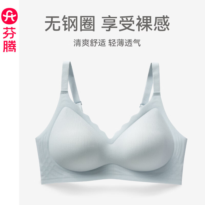芬腾小冰皮文胸女大胸显小夏季薄款粉底液文胸光面无钢圈收副乳胸罩 FB25690154浅蓝 L