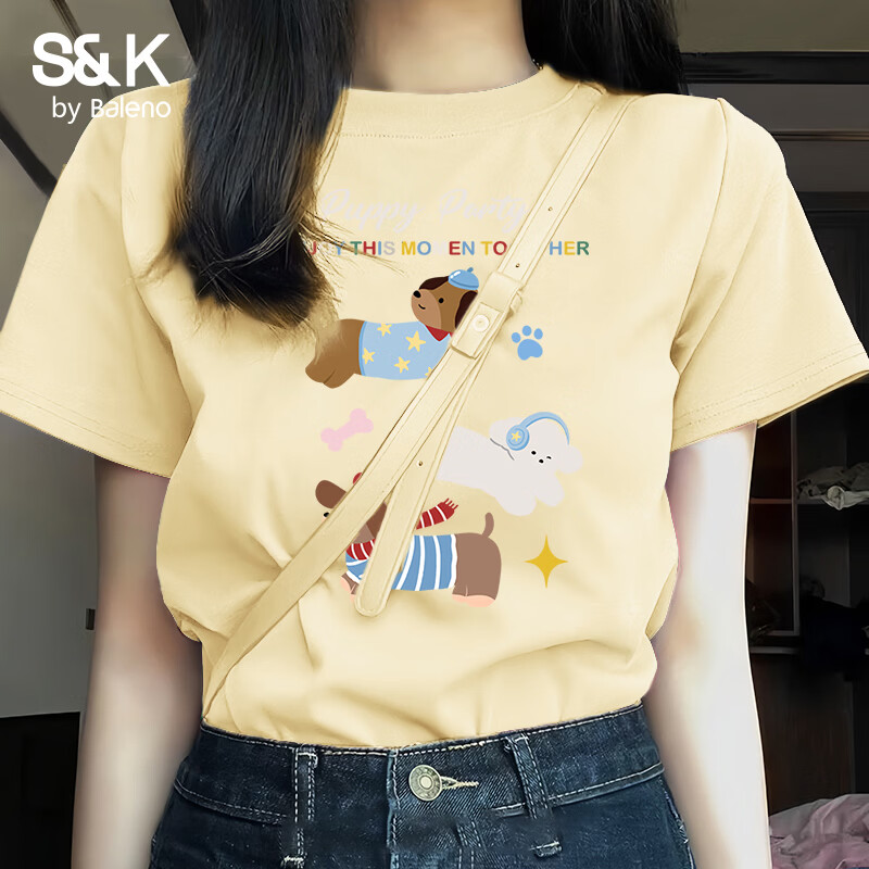 班尼路（Baleno）S&amp;K100%纯棉短袖T恤女2026年夏季女装新款潮流时尚甜美可爱上衣 鹅黄#BL狗狗派对 L