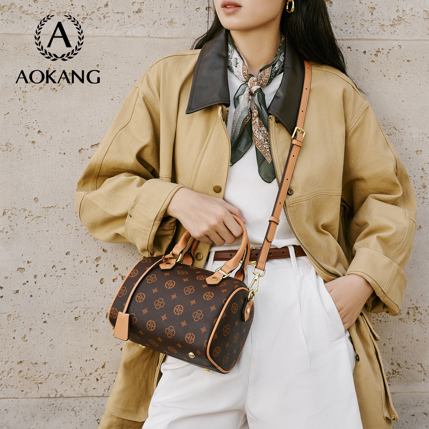 奥康（Aokang）包包女包手提包新款复古托特包印花斜挎单肩包生日礼物高级感实用 BG703004-咖色