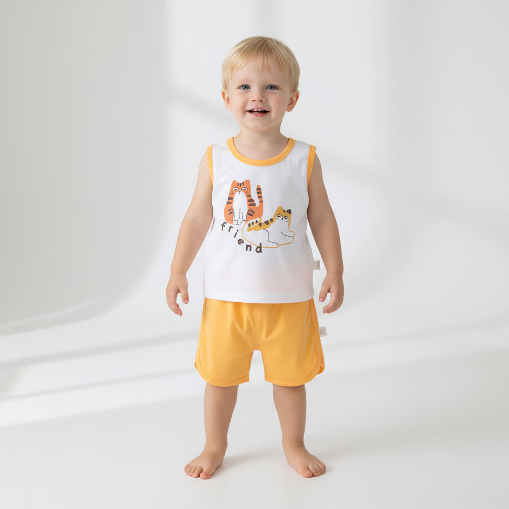 小猪大卫 PECODAVID儿童七分套夏季纯棉A类男女宝宝居家服薄款短袖短裤套装 橘黄双喵 背心套 100
