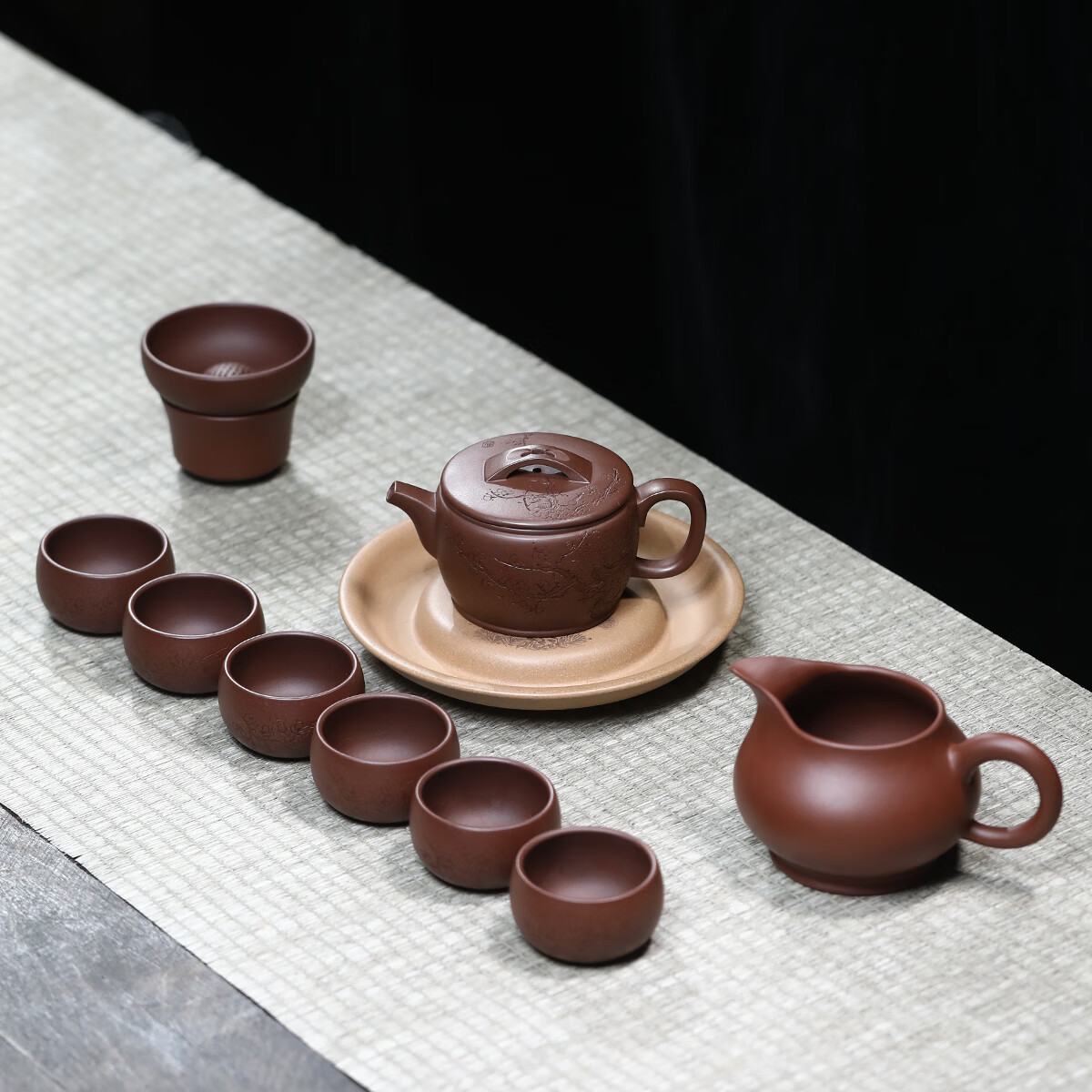 紫来顺宜兴原矿紫泥大口汉瓦壶家用功夫泡茶壶纯手工刻绘紫砂壶生日礼物 【梅香款】汉瓦十件套