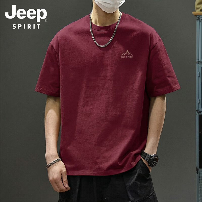 JEEP SPIRIT吉普纯棉男士短袖夏本命年重磅酒红色山系复古男款半袖重磅T恤