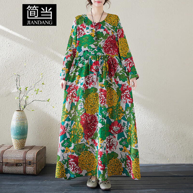 简当（JIANDANG）大码女装春季胖MM花色度假风旅游圆领复古气质长裙遮肉连衣裙1018 绿色大花-1018 L 【120-140斤】