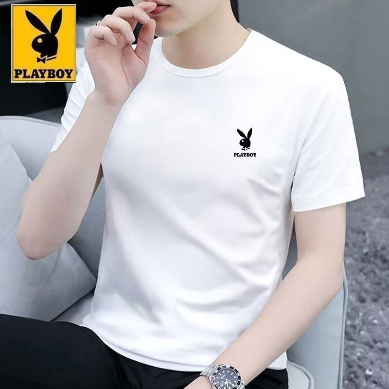 花花公子（PLAYBOY）新款男士短袖夏季印花时尚潮流T恤圆领修身上衣 白色+白色【两件装】 M 建议80-100斤