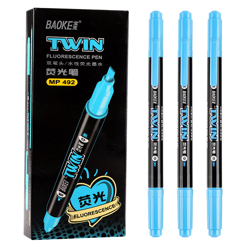 宝克（BAOKE）MP492 双头荧光笔 学生文具考试复习划重点彩色醒目标记笔马克笔笔记手帐 蓝色 12支/盒
