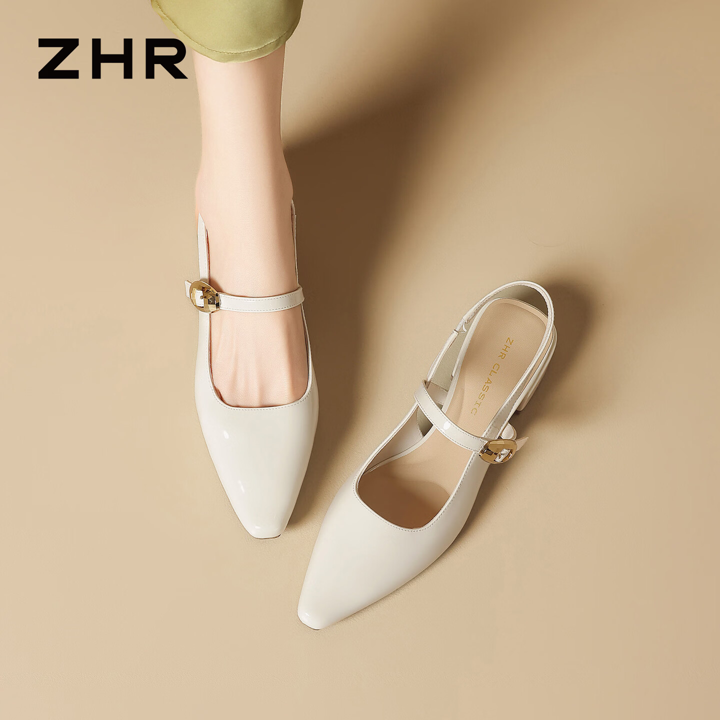 ZHR则则包头凉鞋女款2026新款夏季镜面法式粗跟单鞋配裙子凉拖CL02米色35