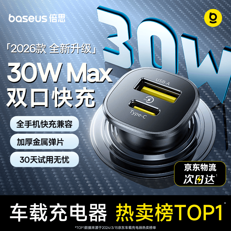 倍思【销量TOP1】车载充电器超级快充点烟器转换器快充转换头一拖二PD30W适用苹果17华为小米