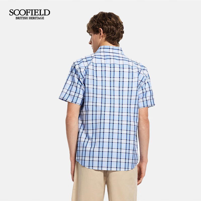 Scofield男装26年夏季新品日常通勤时尚格纹穿搭100%棉短袖衬衫男 浅蓝色 XL (180)