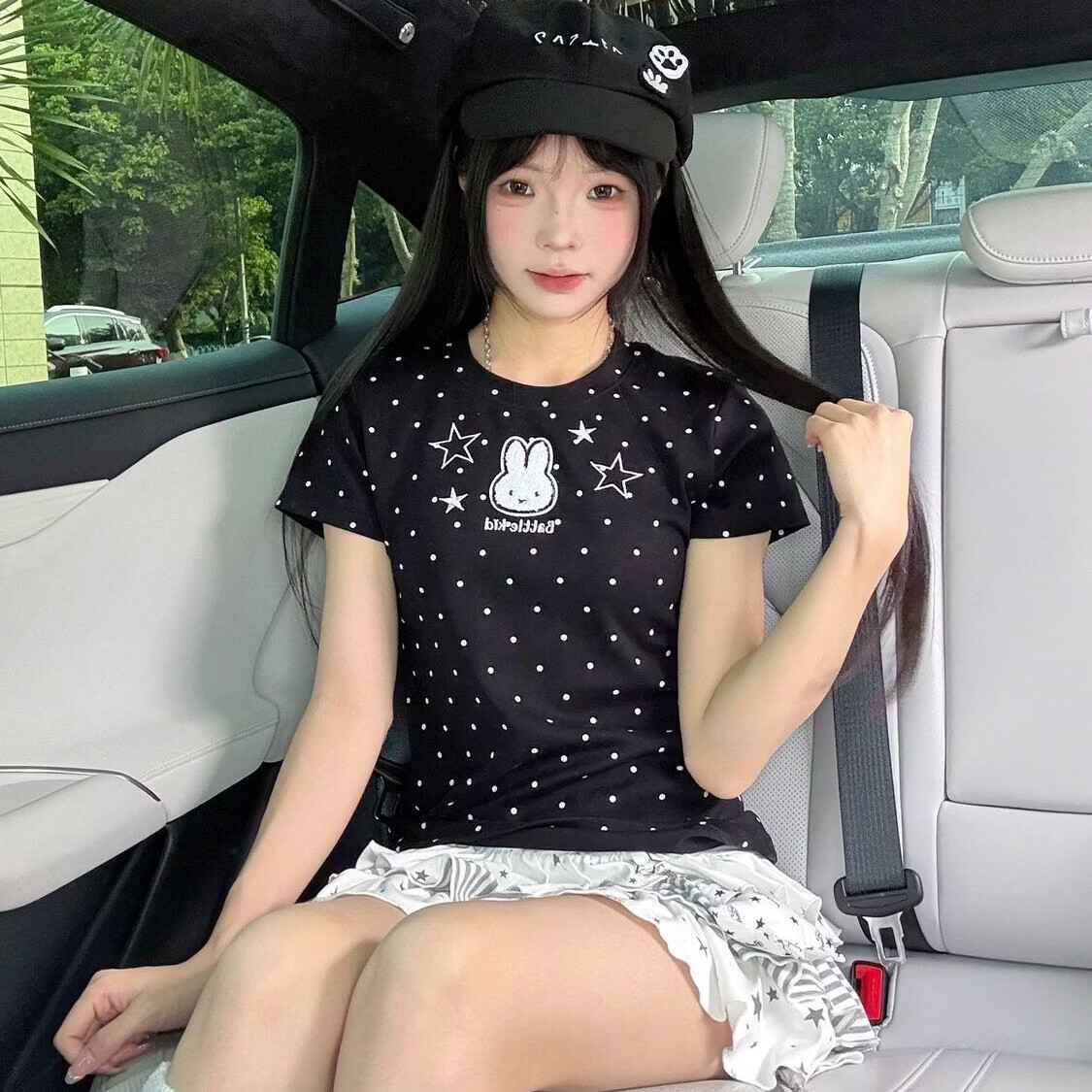 梵米兴满印波点可爱小兔短袖T恤女夏季日系宅萌软妹短款修身显瘦上衣潮 黑色刺绣【高品质棉】 XL 建议115-130斤