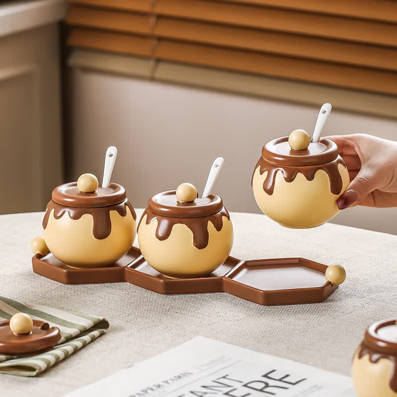 溥畔巧克力调料罐盐罐厨房陶瓷高颜值味精糖辣椒调料瓶调味品套装 巧克力调味罐套装+蜂蜜猪油罐大号