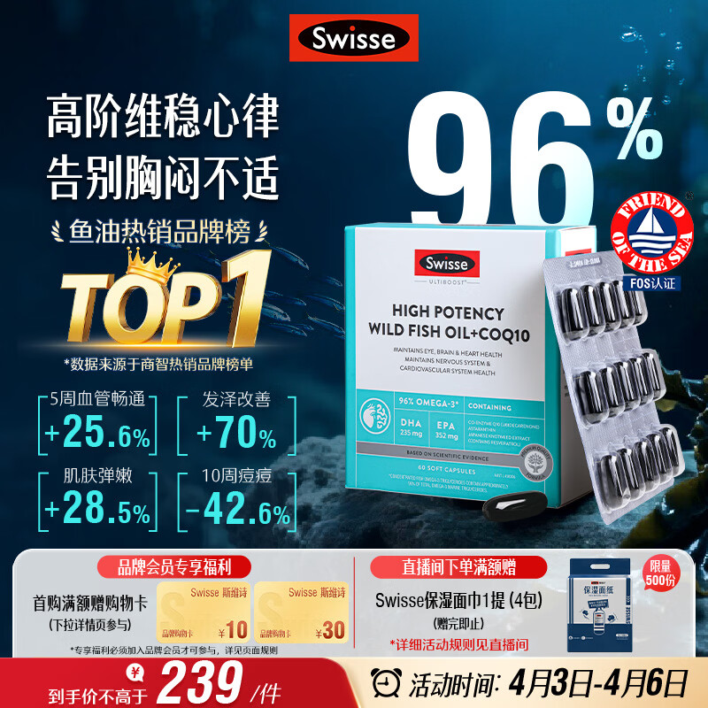 Swisse斯维诗 96%高纯度深海鱼油辅酶Q10软胶囊 黑绷带鱼油60粒熬夜常备