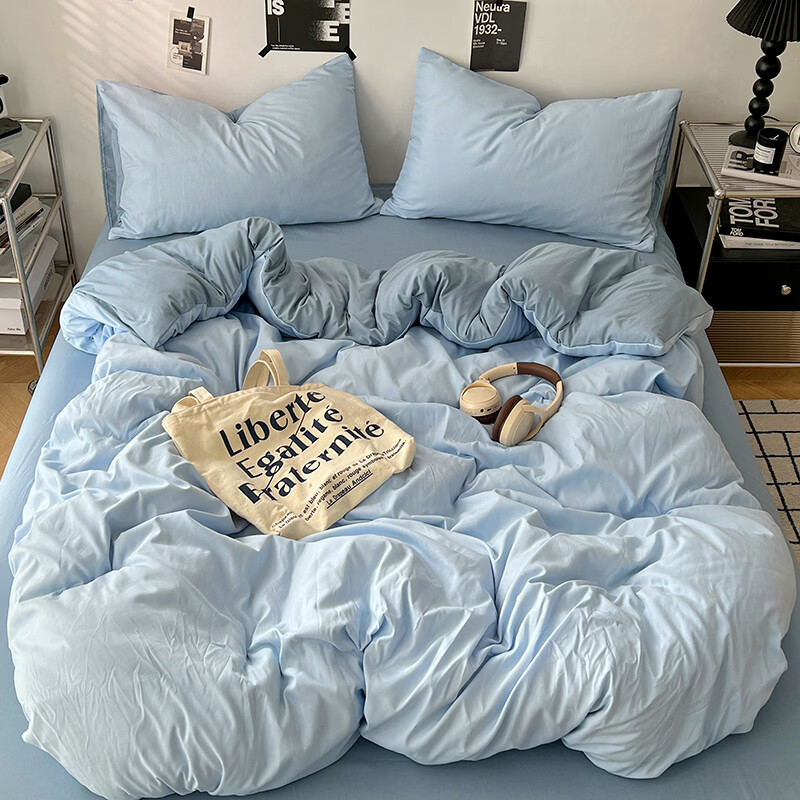 雅鹿ins简约水洗棉被套床单被罩学生宿舍三件套150x200双人纯色四件套 远天蓝【10A抗菌 可裸睡】 1.2床单三件套 床单款 （被套150*200cm）