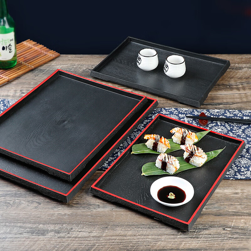 甜雅静 日式木纹防滑托盘长方形塑料酒店餐厅端菜盘商用水杯茶盘寿司餐 JB-683 加大号红边