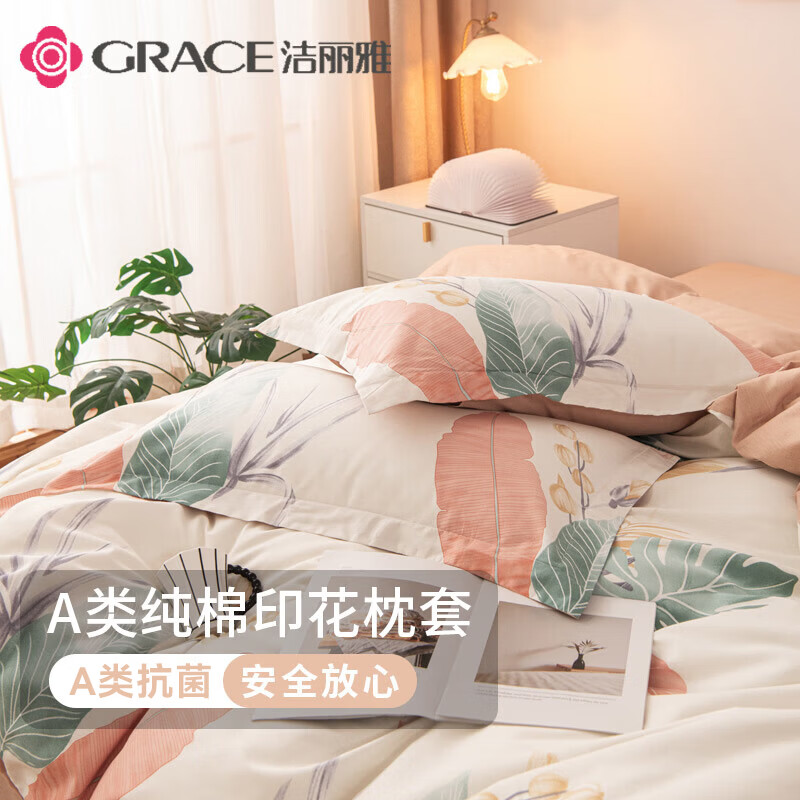 洁丽雅（Grace）枕套A类100%全棉 7A抗菌面料 吸汗枕头套 清雅 一对装 48*74cm
