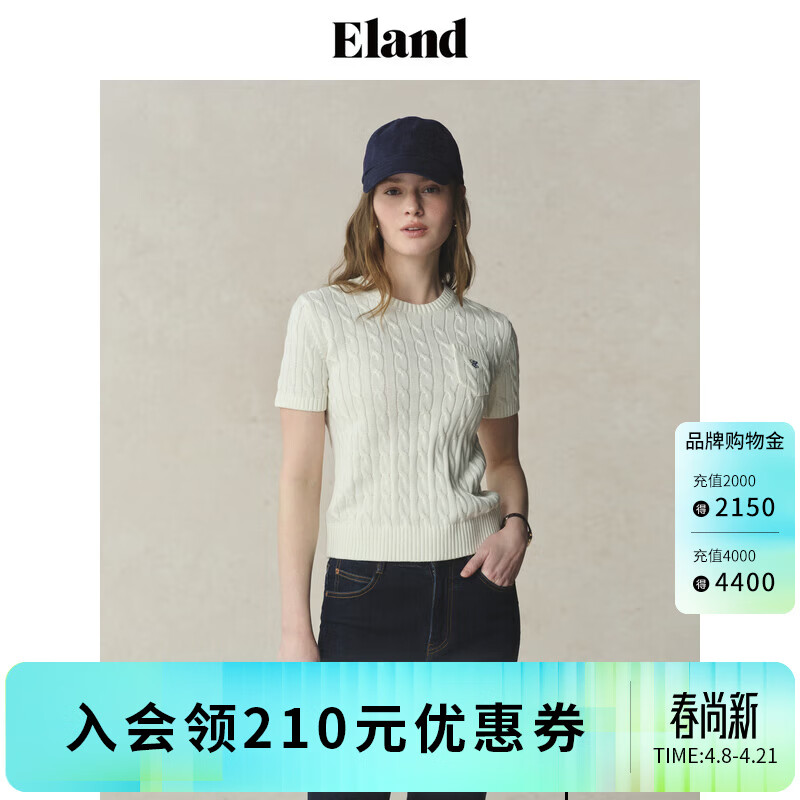 ELAND衣恋针织T恤女甜美绞花小圆领修身显瘦短袖上衣2025夏季新款 象牙白/白色(39)Ivory L /170