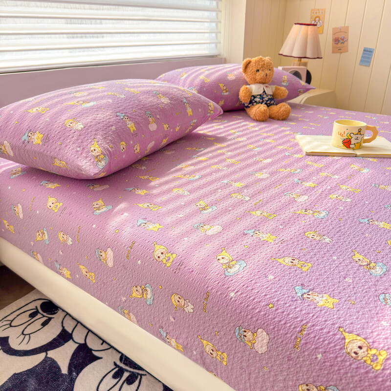 雅鹿A类双层纱床笠床罩单件席梦思床垫保护套罩宿舍全包床单四季通用 星星玩偶紫【A类面料 软糯松软】 150x200cm-单床笠