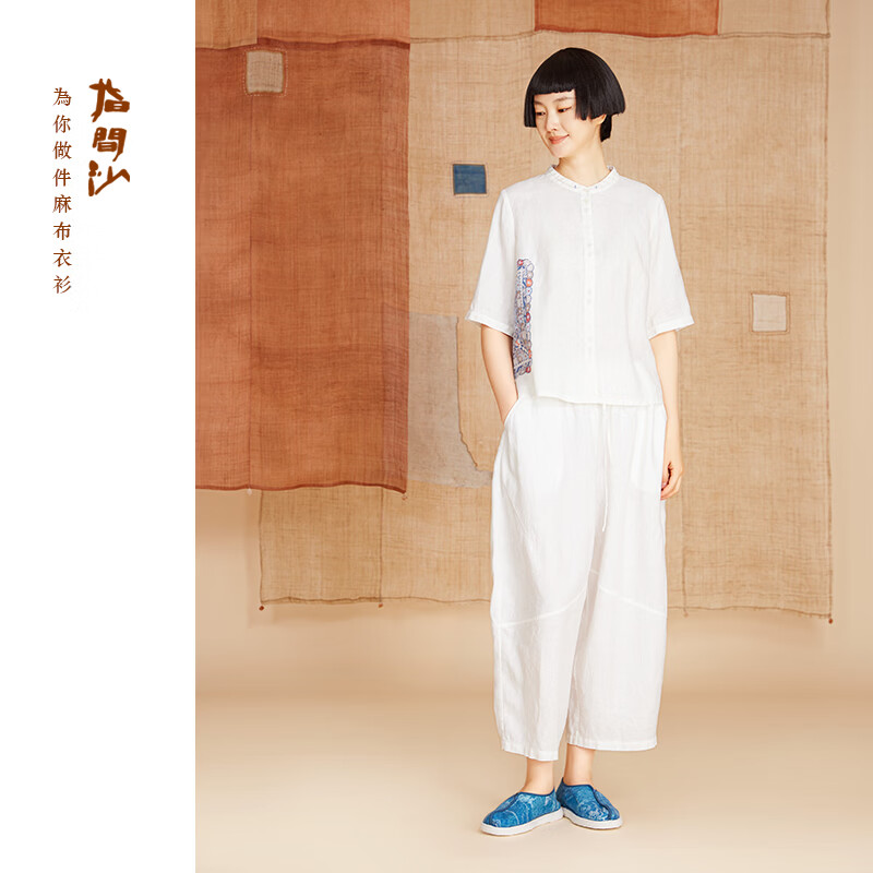 指间沙2026夏季新款亚麻五分袖衬衫女印花显瘦文艺亚麻开衫上衣21102 素白79 S