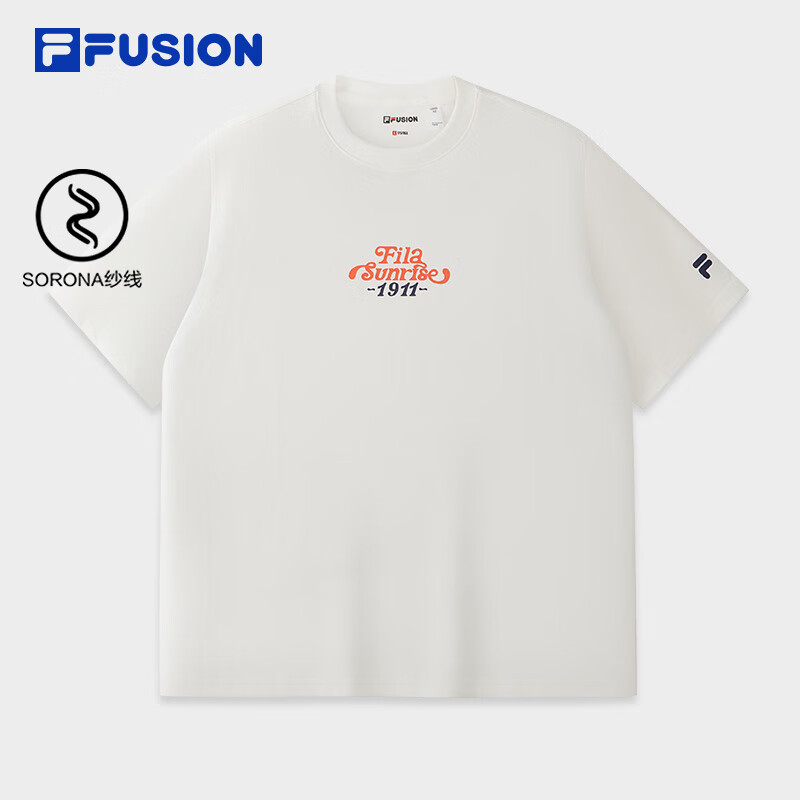 FILA FUSION斐乐潮牌男子针织短袖衫2026夏季新款休闲上衣宽松T恤 棉花糖白-IV 2XL 185/104A/XXL