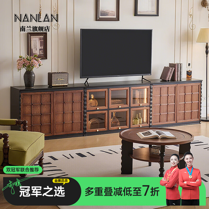南兰2026新款法式复古实木电视柜中古风客厅家用储物收纳柜茶几组合柜 【3.1米】氛围感半墙组合柜