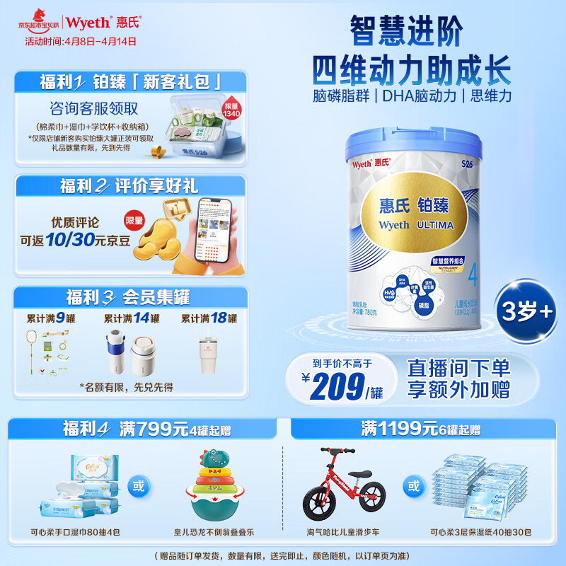 惠氏（Wyeth）铂臻儿童成长奶粉4段（3岁以上）780g 进口DHA 脑磷脂群